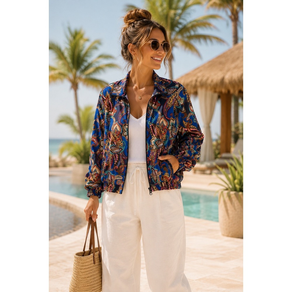 G by Giuliana Paisley Bomber Jacket Blue Multi Boho Coquette Zip Up Large
